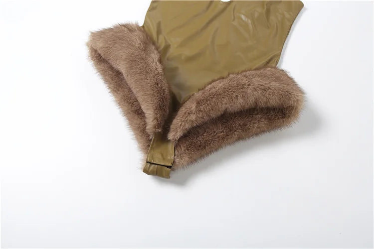 Faux Leather Backless Furry Patchwork Hem Bodysuits Woman Skinny Low-Neck Sleeveless Hot Girls High Street Style Outfits
