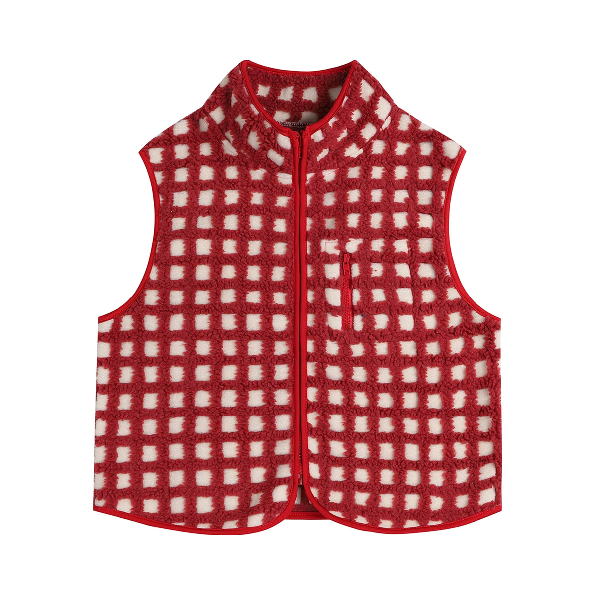 Womens Sherpa Fleece Vest Checkered Sleeveless Zip Up Warm Cardigan Polar Fleece Vest Jacket with Chest Pocket