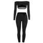 Sexy 2-Piece Set Women Hollow Slash Neck Full Sleeve Crop Tops+v-Waist Skinny Pants High Elasticity Chic Streetwear