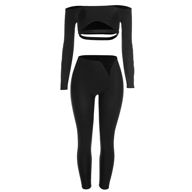 Sexy 2-Piece Set Women Hollow Slash Neck Full Sleeve Crop Tops+v-Waist Skinny Pants High Elasticity Chic Streetwear