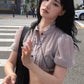 Single-Breasted t-Shirt Women See Through Folds Puff Sleeve Line Decoration Sweet Summer Fashion Daily Streetwear