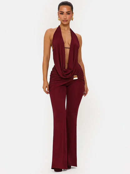 Sexy Black Two Piece Outfit for Woman Open Back Halter Top Metal Buckle Flare Pants Matching Sets Club Wear