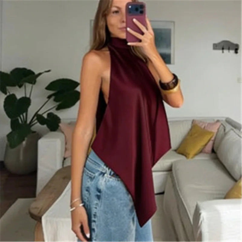 Women Satin Halter Tops Sexy Backless Asymmetrical Tops Sleeveless Lace Up Back Silk Tank Top Going Out Shirt