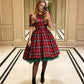 Women Red Plaid Midi Swing Dress Round Neck Half Sleeve A Line Dress With Green Tulle Hem Christmas Holiday Party Dress