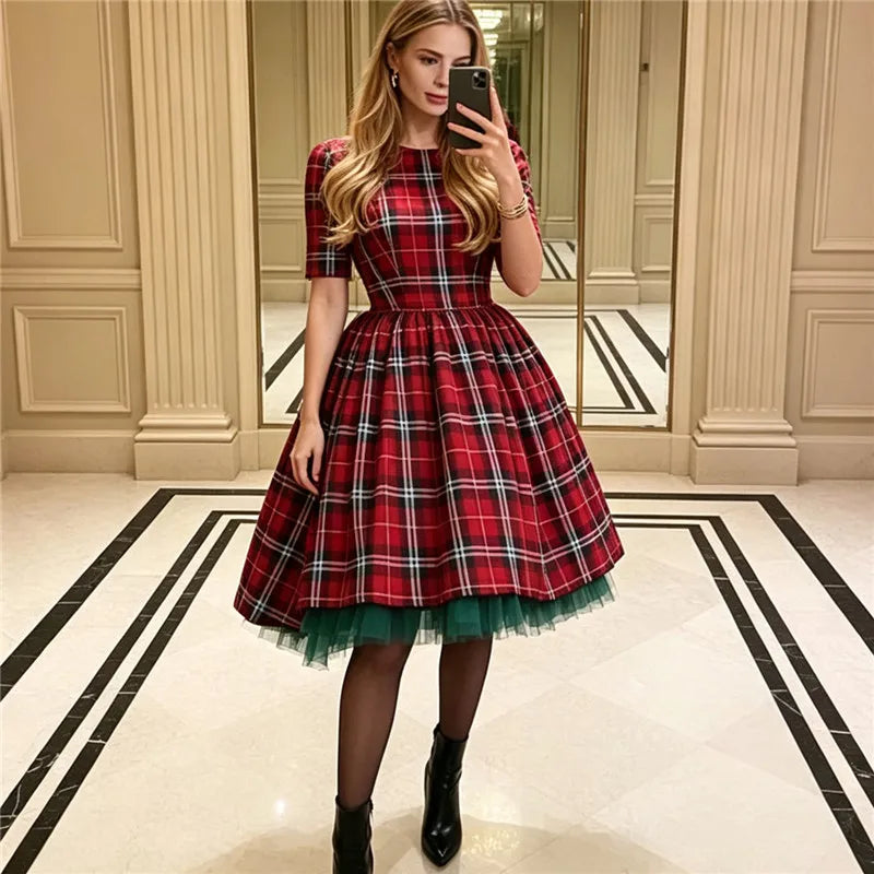 Women Red Plaid Midi Swing Dress Round Neck Half Sleeve A Line Dress With Green Tulle Hem Christmas Holiday Party Dress
