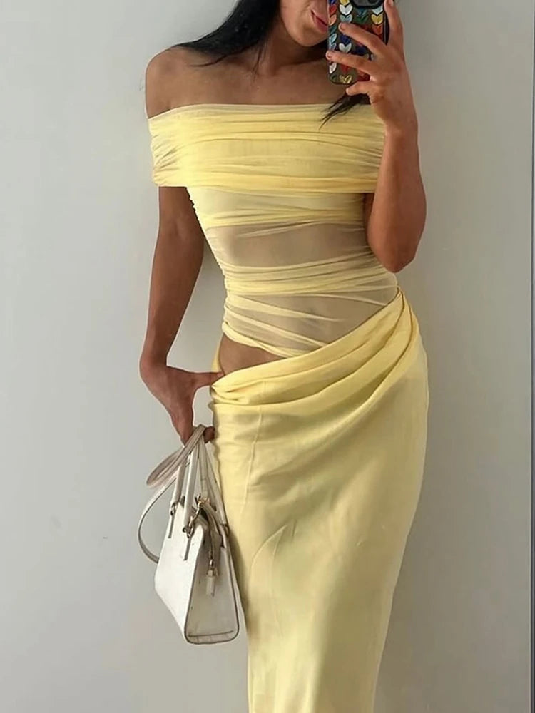 Ruched Irregular Dress Women Mesh Patchwork Slash Neck Short Sleeve Skinny Stretch Trend Elegant Long Bodycon Outfits