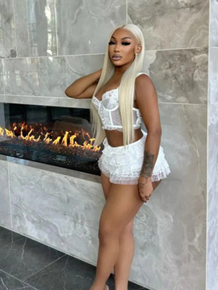 Mesh Patchwork 2 Piece Set Women Low-Neck Sexy Backless Crop Tops+Ruched Tierred Skirts Midnight Club Party Outfits