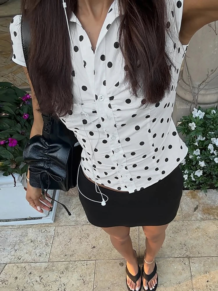 Polka Dot Short Sleeve Sexy Tops Women Cardigan Elegant Turn-down Collar Single-breasted Ruched Lace-up Club Party Top