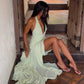 Green Mesh Flowy Elegant Dress Deep V Neck Backless Long Dresses for Woman Party Sexy Outfits