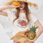 Strawberry Dessert Print Crop T-Shirt, Ruched Waist Slim Fit Tee, Sweet Retro Casual Top for Women