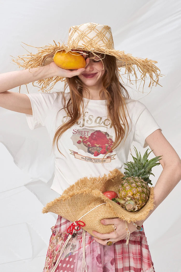Strawberry Dessert Print Crop T-Shirt, Ruched Waist Slim Fit Tee, Sweet Retro Casual Top for Women