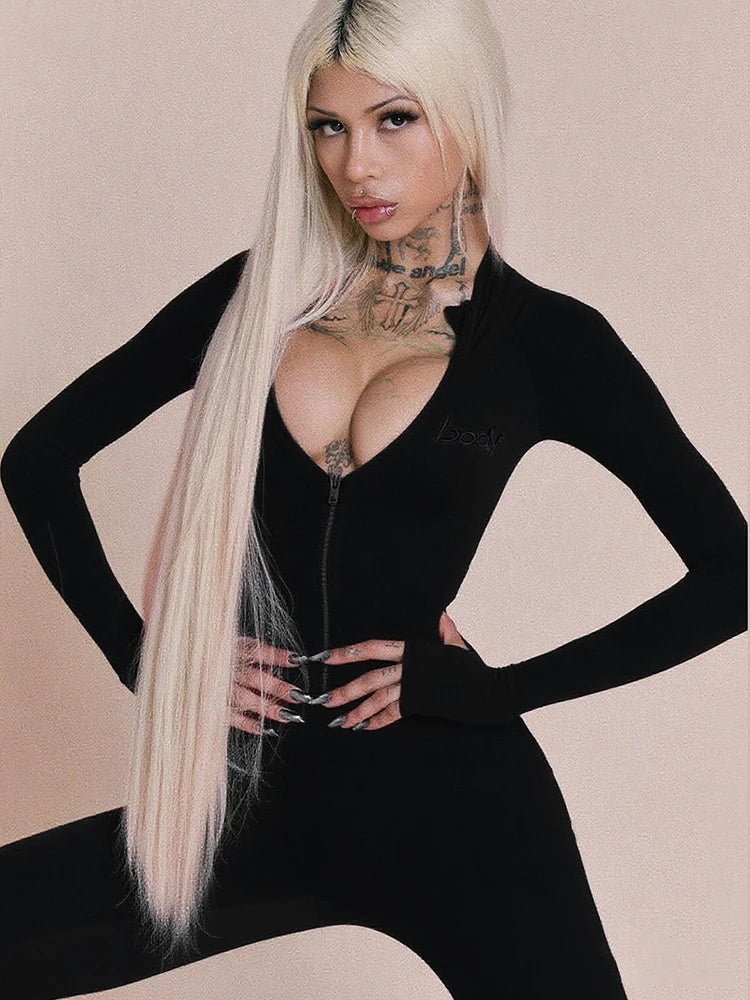 Basic Flared Jumpsuit Women Zip Letter Embroidery Full Sleeve Coquette Stretch Skinny Midnight Party Workout Overalls