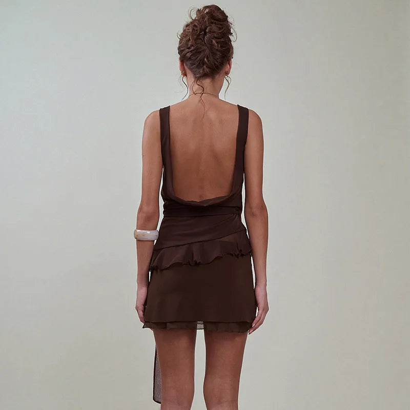 Two Piece Set Mesh Ruffled Backless Top and Mini Skirt Matching Sets Sexy Womens Outfit Summer 2026