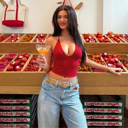 Sexy Deep V Neck Backless Crop Top Red Black Tank Tops for Woman Summer Camisole