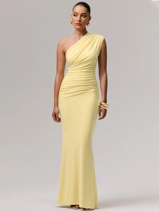 Elegant One Shoulder Ruched Sexy Maxi Dress Women Fashion Diagonal Collar Sleeveless Backless Bodycon Club Party Dress