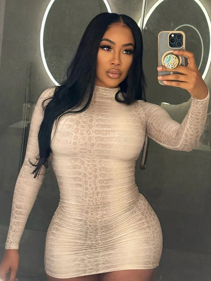 Hottie Snake Pattern Dress Women Winter Trend Full Sleeve Sexy Street Midnight Activity Stretch Skinny Mini Bodycon
