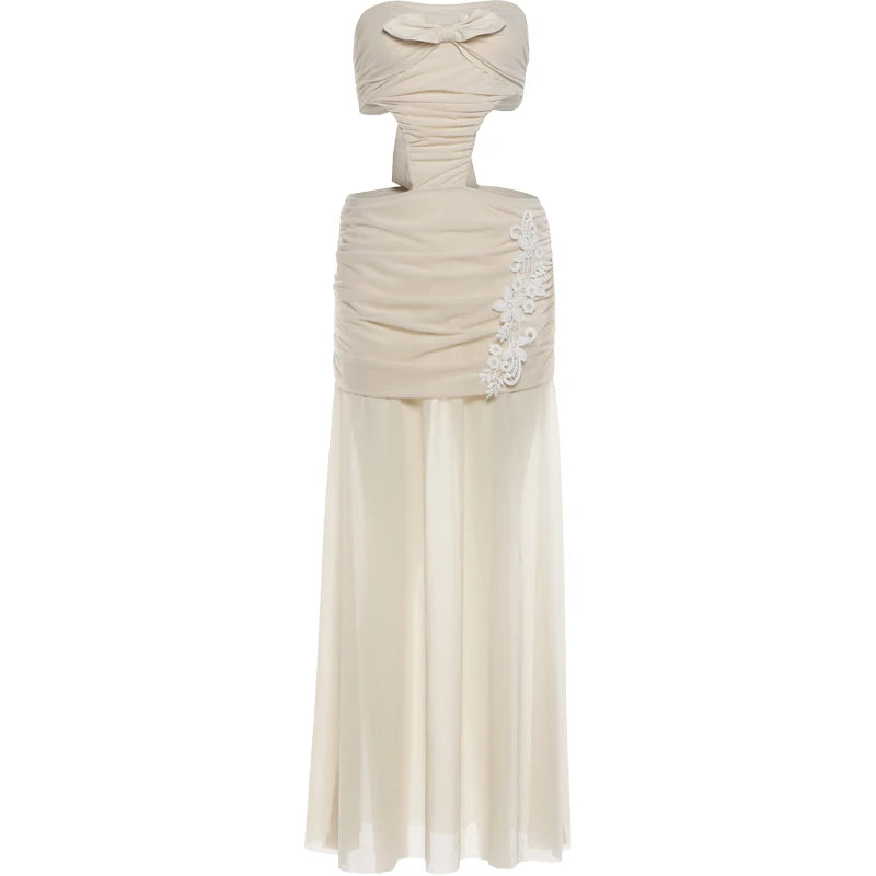 See Through Hem Folds Bandage Maxi Dress Women Waistless Backless Patchwork Flower Decoration Party Vacation Vestidos