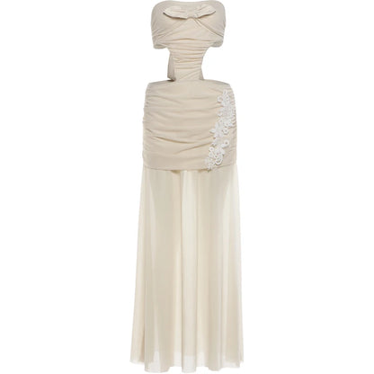 See Through Hem Folds Bandage Maxi Dress Women Waistless Backless Patchwork Flower Decoration Party Vacation Vestidos