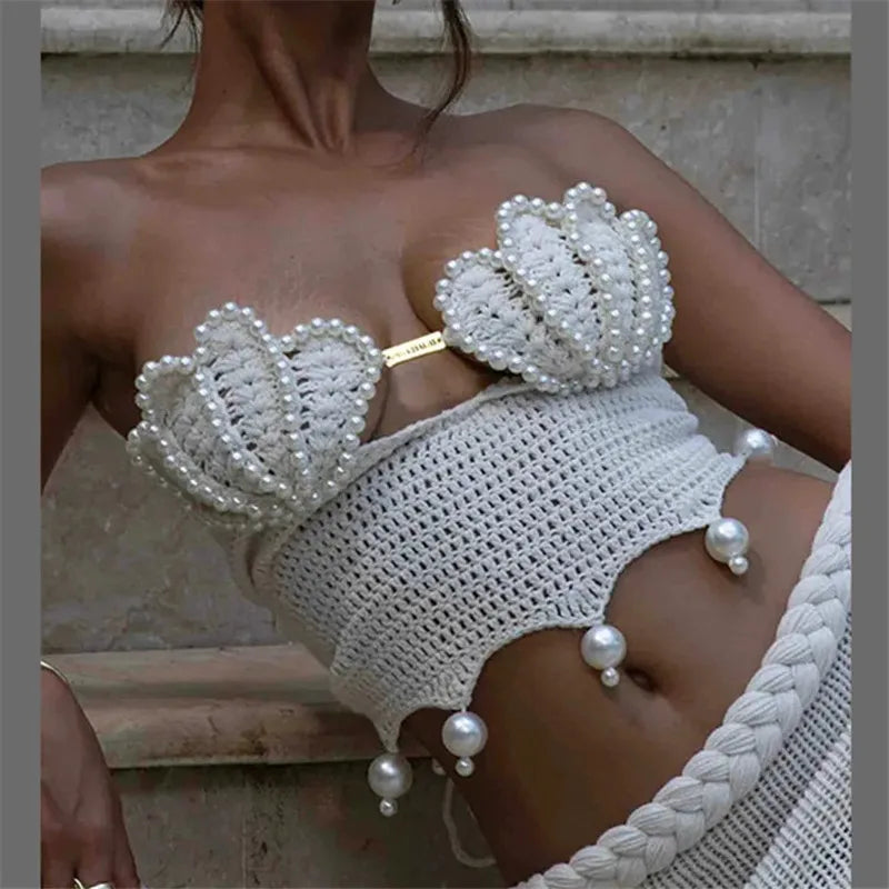 Sexy Pearls Knit Tube Top Lady Chic Beach Sleeveless Hollow Out Slim Fit Short Tops Summer Women Holiday Beachwear