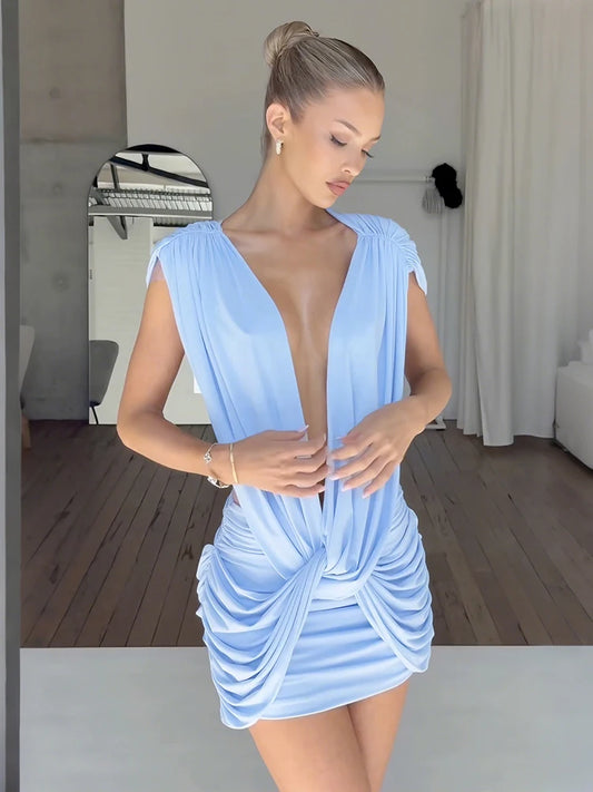 Sexy Cross Ruched Dress Women Deep V-Neck Sleeveless Backless Hollow Patchwork Peach Hip Stretch Slim Party Bodycon