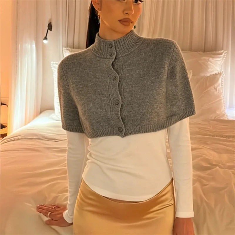 Stand Rib Collar Button Down Cropped Knit Cape For Women Dual Tone Slim Layering Short Knit Shawl Top Y2K Streetwear