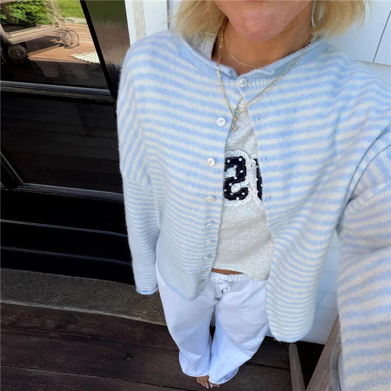 Womens Fuzzy Striped Knit Cardigan Round Neck Button Front Long Sleeve Loose Casual Sweater Jacket Winter Fall Outerwear