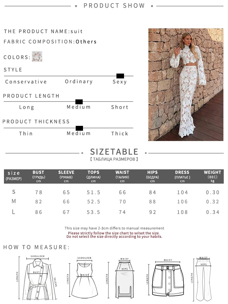 Fashion Jacquard Hollow 2 Piece Set Women Sexy Turtleneck Puff Sleeve Crop Top+Long Skirts Elegant Party Club Suits