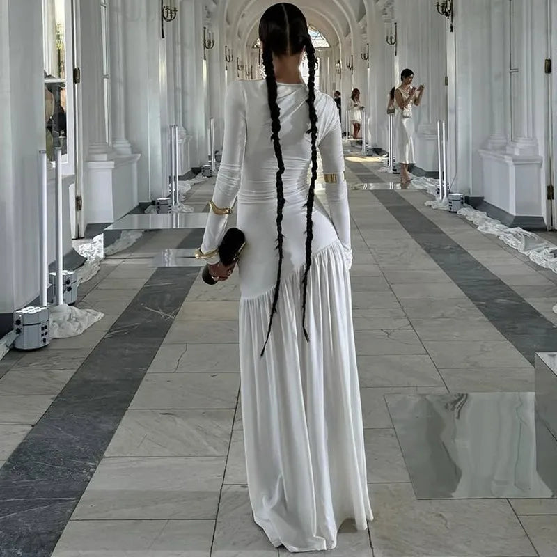 Long Sleeve Ruched Maxi Dress High Quality Elegant White Dresses Woman Fall Clothes