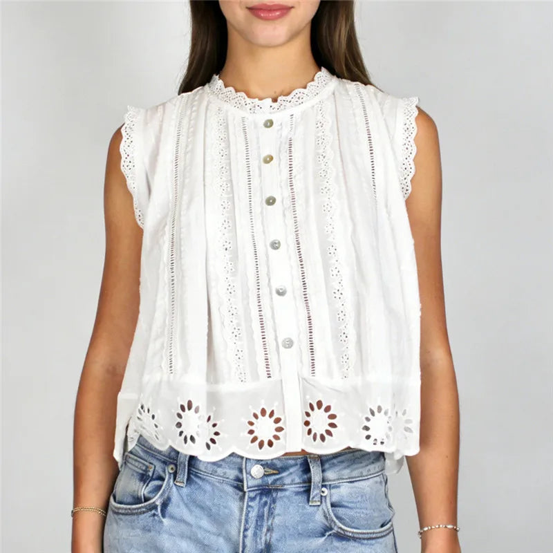 Bohemian Lace Eyelet Sleeveless Blouse Women Button Front Embroidery Cropped Top White Pink Blue Casual Cottage Shirt