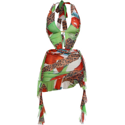 Peach Butt Colorful Print Dress Women Tassel Ruffles Halter Bandage v-Neck Backless Patchwork Mesh Sexy Midnight Bodycon