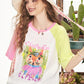 Playful Cartoon Fox Print Raglan T-Shirt, Color Block Short Sleeve Graphic Tee, Casual Cute Loose Top for Women