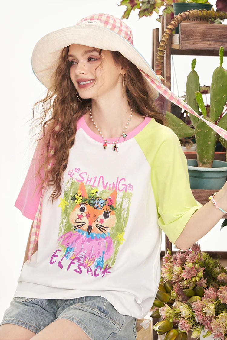 Playful Cartoon Fox Print Raglan T-Shirt, Color Block Short Sleeve Graphic Tee, Casual Cute Loose Top for Women