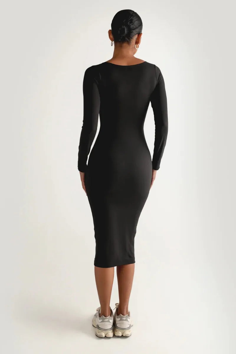 Elegant Long Sleeve Midi Pencil Dresses for Women Fall Winter Clothes Sexy Black Bodycon Dress