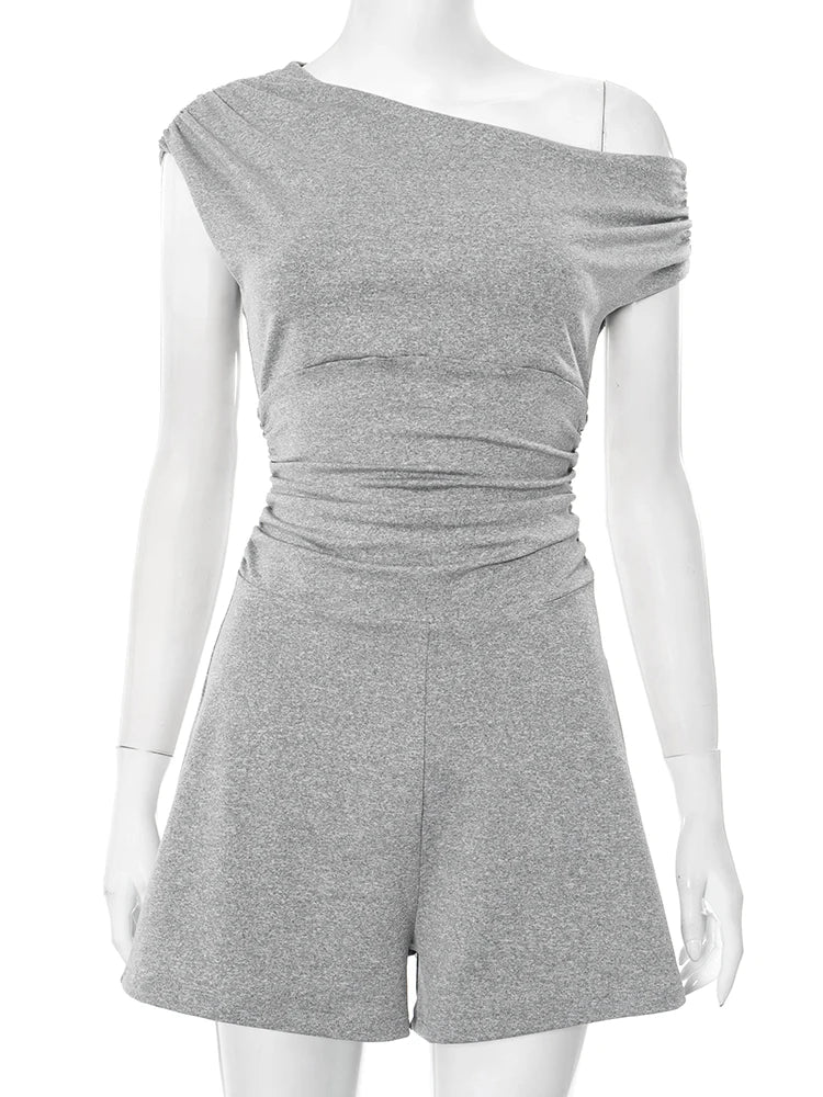 Collar Skew Romper Women Slim Sleeveless Sash Casual Simple Solid Streetwear Summer Workout Activity Shorts Overalls