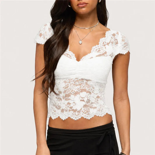 Y2K Sexy Sheer Lace Crop T-Shirt V Neck Scallop Trim Short Sleeve Slim Fitted Hollow Back Night Club Party Cropped Top