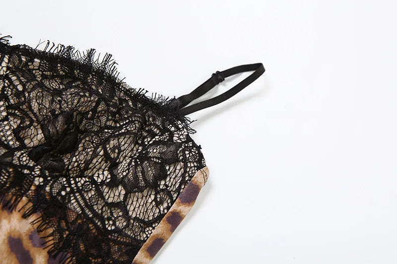 Leopard Print Sexy Dress for Woman Night Club Outfits Lace Trim Spaghetti Strap Backless Mini Dresses