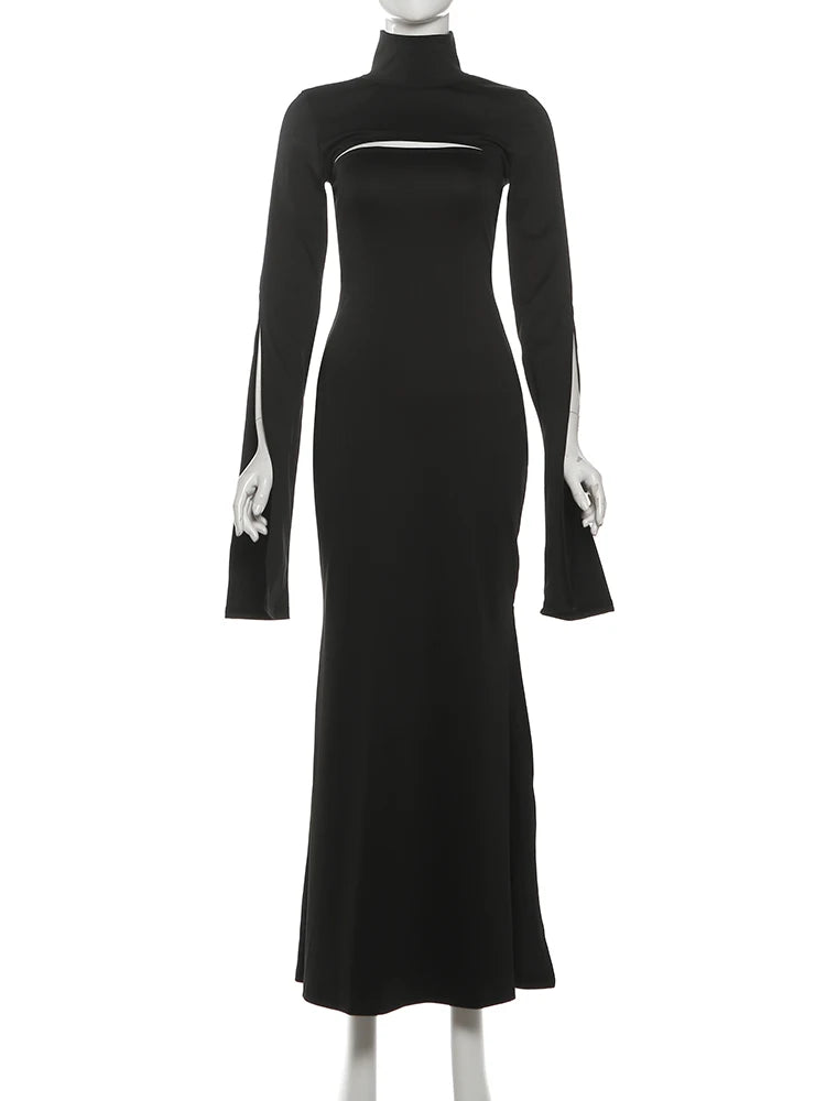 Fashion Chic 2-Piece Set Women Strapless Split Maxi Dress+Super Short Half-Sleeve Turtleneck Top Matching Elegant Outfits