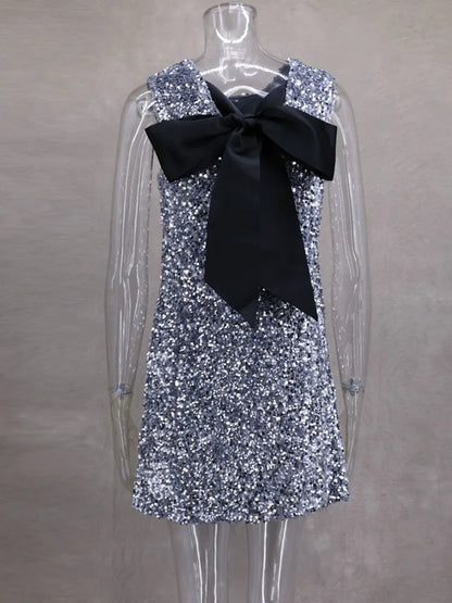 Sequins Backless Bow Sexy Mini Dress For Women Robe 2025 New Sleeveless A-line Sparkle Club Dress Elegant Vestido