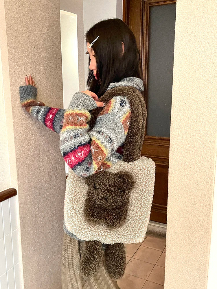 Y2K Cute Lambswool 3D Bear Soft Warm Shoulder Bag For Women