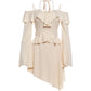 Ruffled Patchwork Dress Women Sexy Simple Slash Neck Bandages Puff Sleeve Irregular Hem Fashion Party Club Bodycon