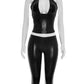 Hottie Wild Leather 2 Piece Set Women Sexy Halter Bandages Backless Tank Top+Capri Pants Trend High Street Club Suits
