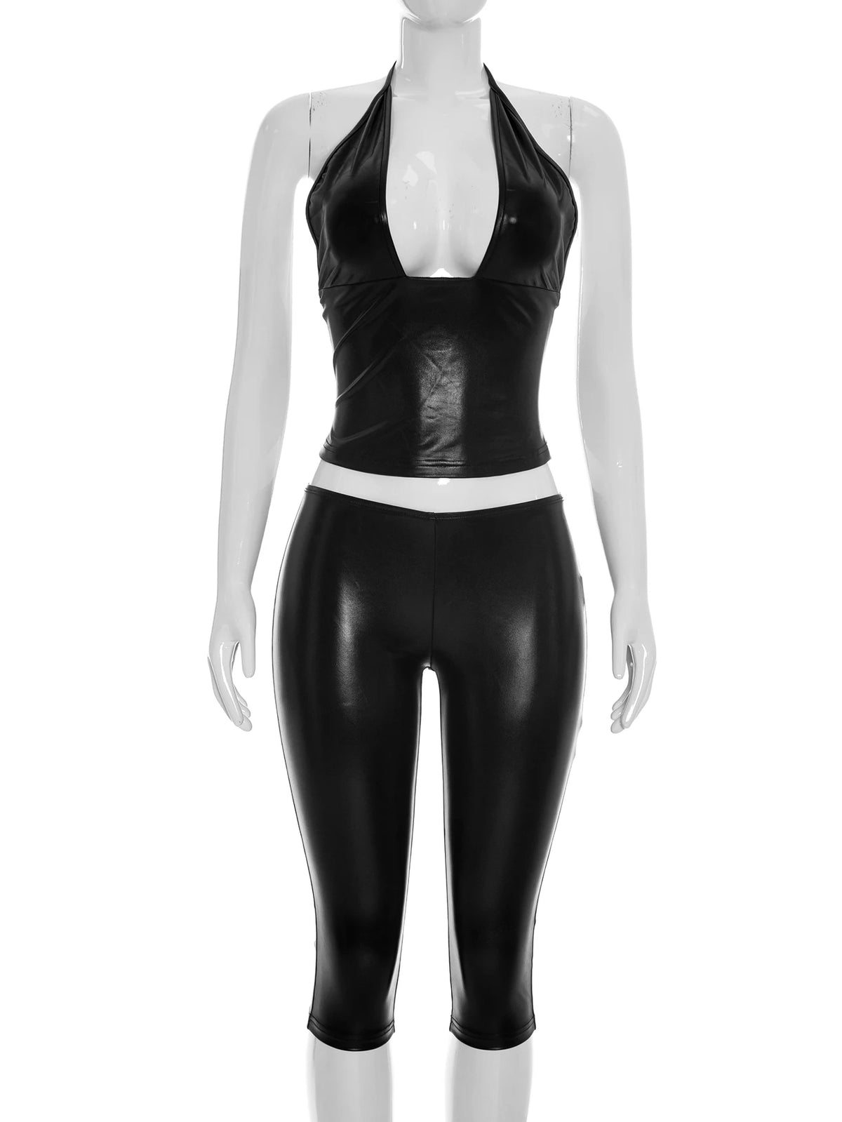 Hottie Wild Leather 2 Piece Set Women Sexy Halter Bandages Backless Tank Top+Capri Pants Trend High Street Club Suits