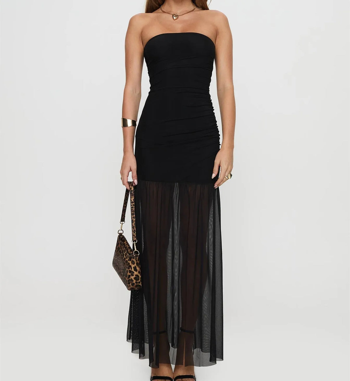 Strapless Maxi Dress for Women Stylish Solid Sheer Hem High Slit Sleeveless Tube Long Dress Summer Party Beachwear