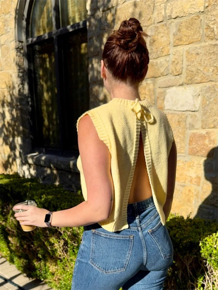 Lace-Up Back Split Tank Top Women 2025 O-Neck Knit Y2K Stretch Simple Solid Sexy Elegant Clubwear Skinny Summer Vest