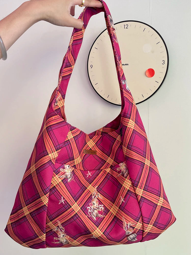 2025 Winter New Arrivals Casual Y2K Cartoon Rabbit Color Block Plaid Tote Bag For Woman