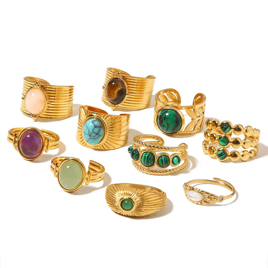 New Design Natural Stone Stainless Steel Ring Women Waterproof Stylish Golden Jewelry 2022 NEW Set
