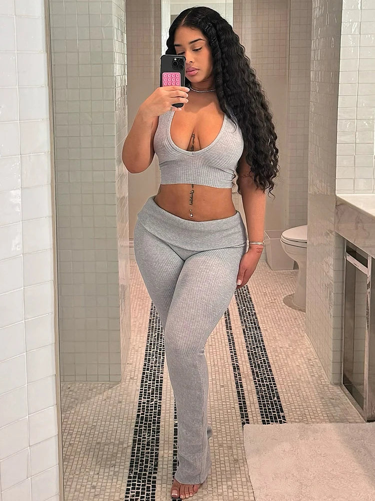 Casual Ribbed Women 2 Piece Set Casual Backless Bandage Halter Tank Tops+Lapel Pants Matching Stretch Sexy Streetwear