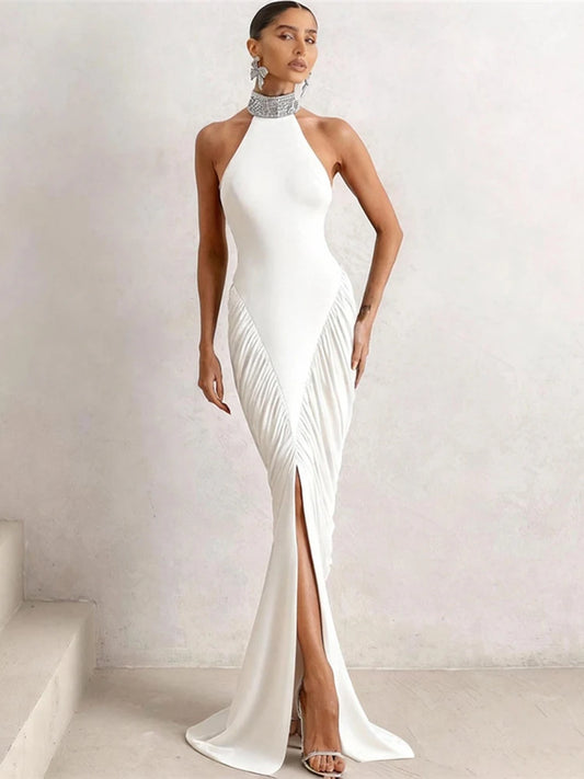 Button Stripe Turtleneck Maxi Dress Women Backless Folds High Split Sleeveless Elegant Fashion Banquet Chic Vestidos