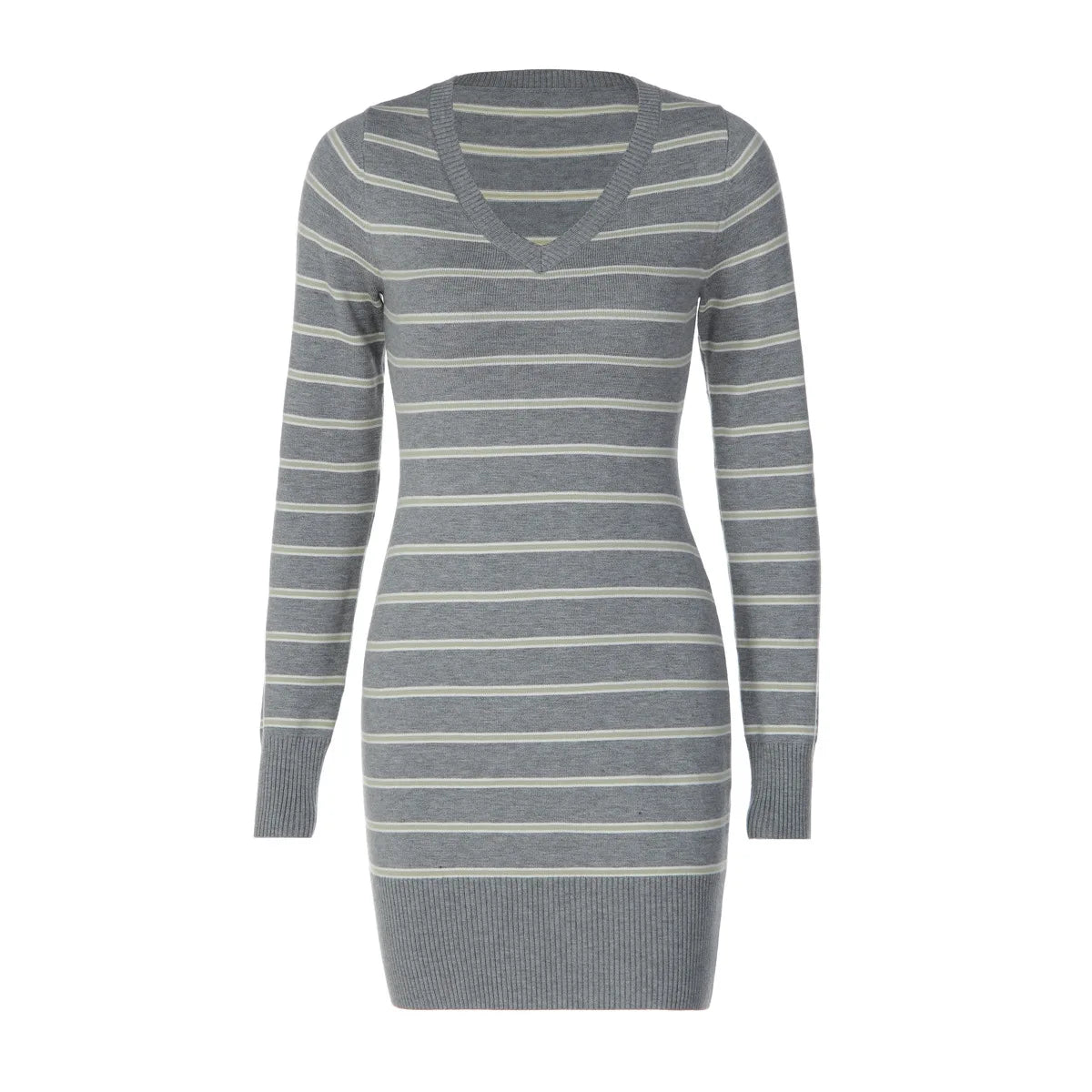 Grey Striped Sweater Dresses for Woman Elegant Fall Winter V Neck Long Sleeve Knit Mini Dress