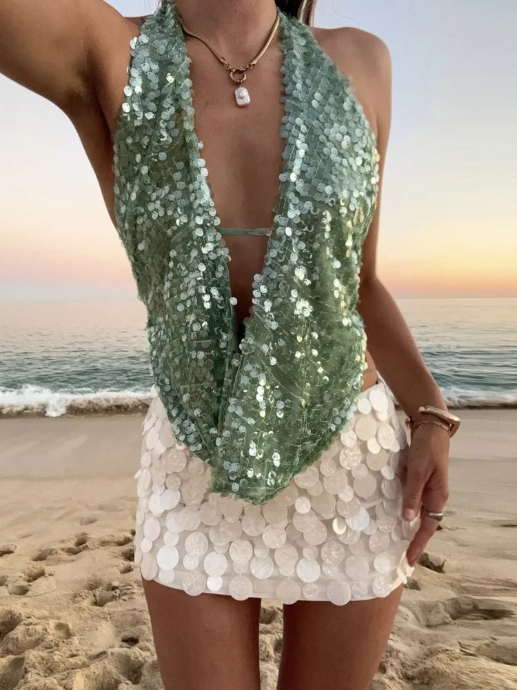 Sexy Sequins Deep V Backless Halter Tops Island Clothing Summer 2025 Fashion Tank Top Woman Beach Resort Wear